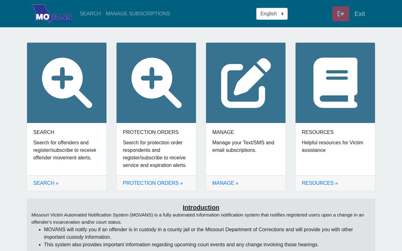 Missouri MOVANS current custody search and notification interface