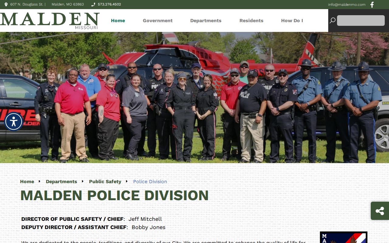 Captured Malden Police Division webpage with department contacts and public safety information