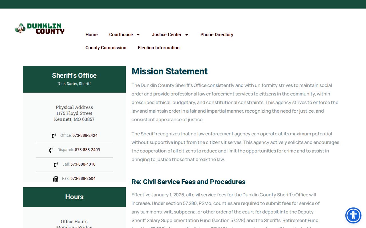 Dunklin County recent arrests sheriff contact page used instead of an online roster
