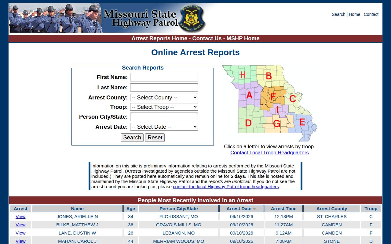 Dunklin County MSHP multi-day arrest search fields