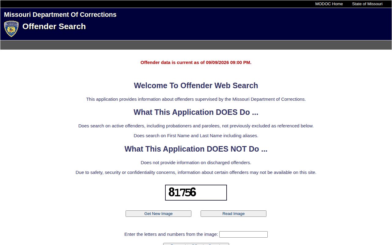 Missouri DOC offender search interface used for Dunklin County arrest follow-up