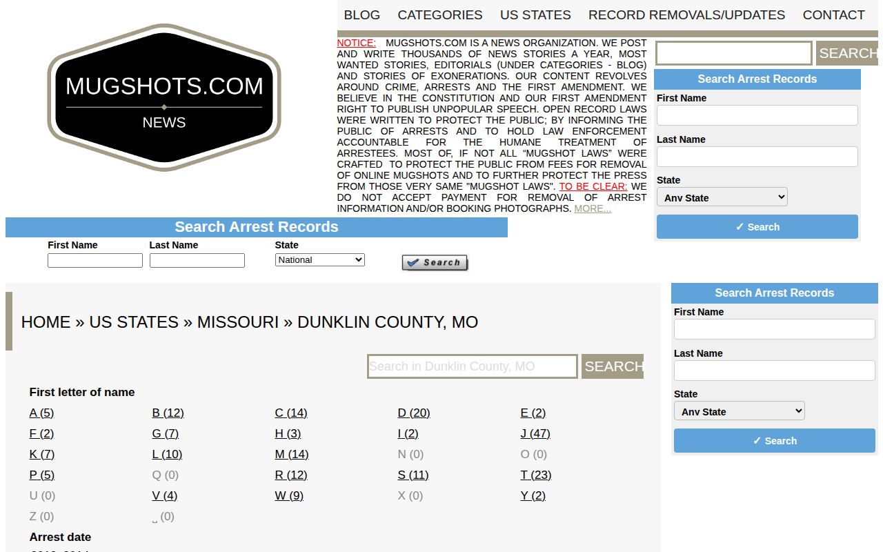 Unofficial Dunklin County arrest archive source context
